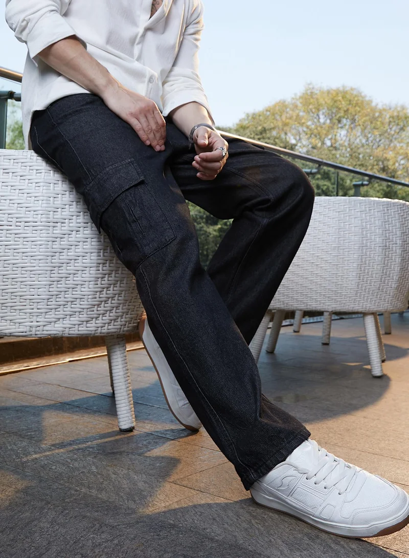 Campus Sutra Men's Midnight Black Dark-Wash Cargo Denim Jeans For Casual Wear | Mid-Rise | Straight Fit | Button Closure | Denim Jeans Crafted With Comfort Fit For Everyday Wear